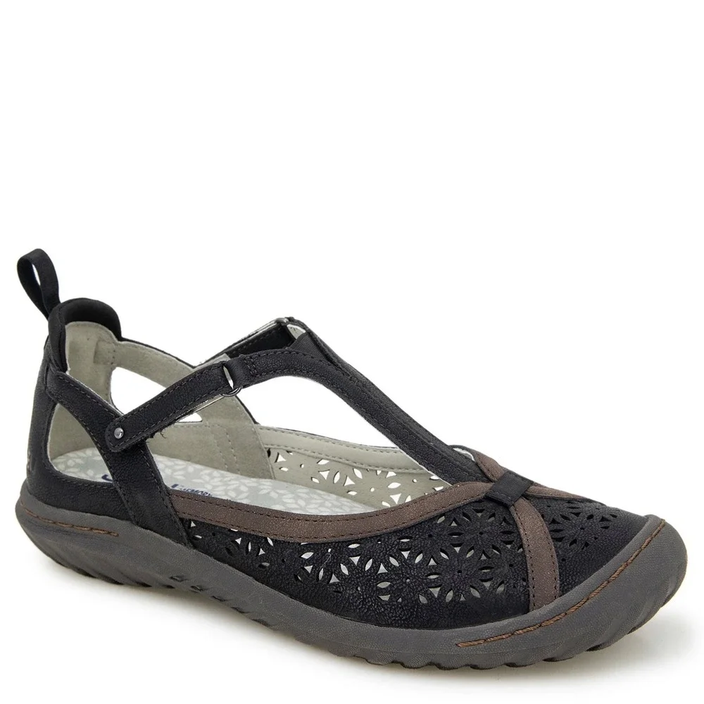 JBU Daffodil Mary Jane Flats 9M Black Brown Laser Cut T-Strap Memory Foam Shoes
